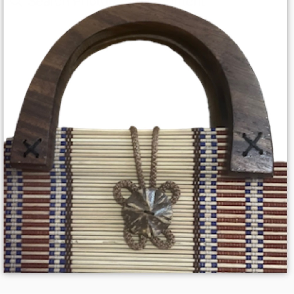 Vintage Collapsible Bamboo Handbag Slatted Double Wooden Handle Rectangle Purse - Picture 10 of 16